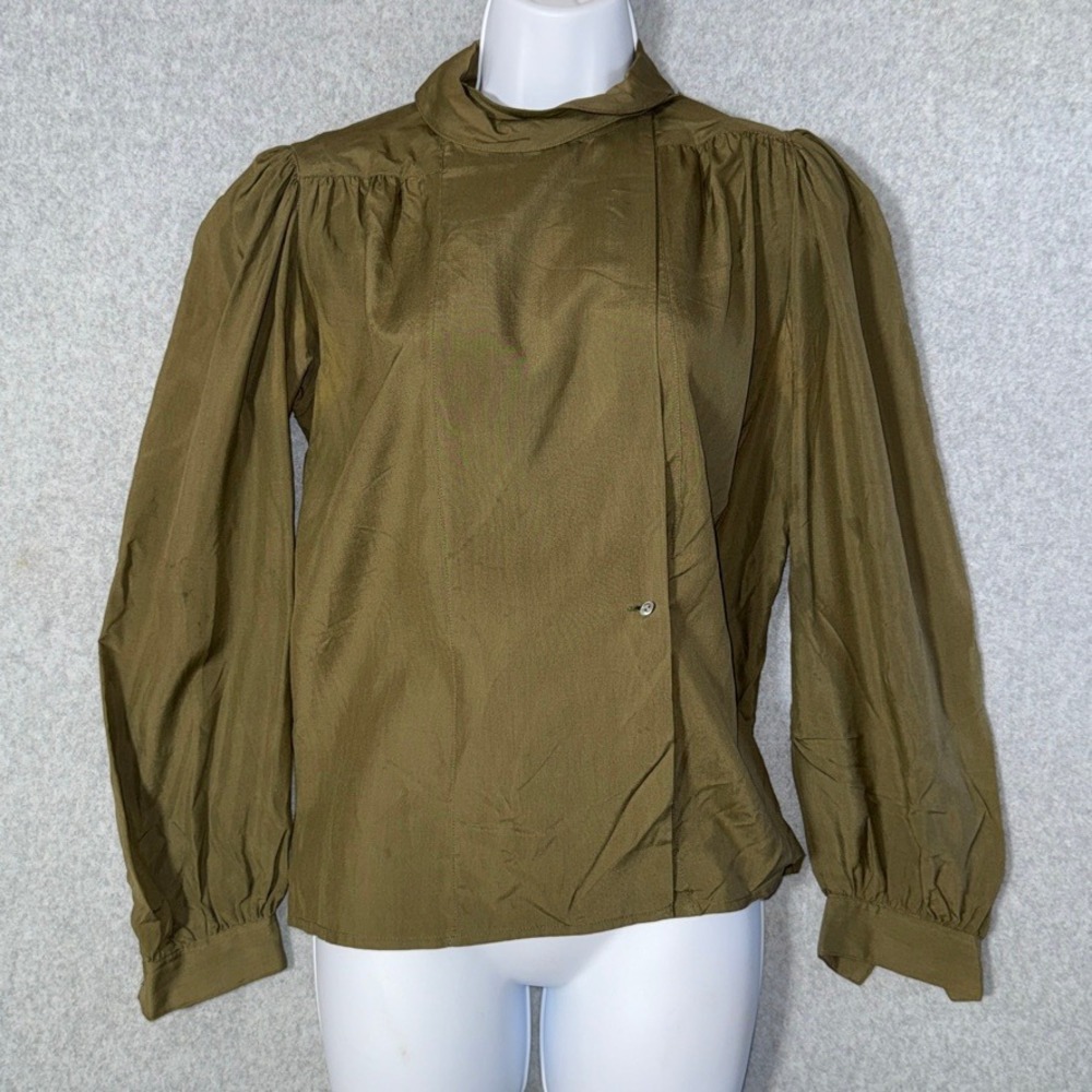 Barry I Bricken Olive Green 100% Silk Blouse High Neck Puff Sleeve Small